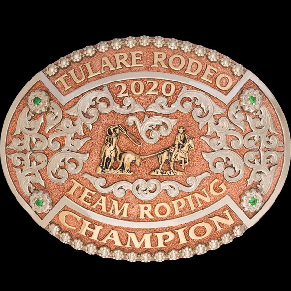 The Yuma Custom Belt Buckle is a classic western oval copper base buckle with a German Silver Berry frame. Customize this beautiful rodeo buckle today!